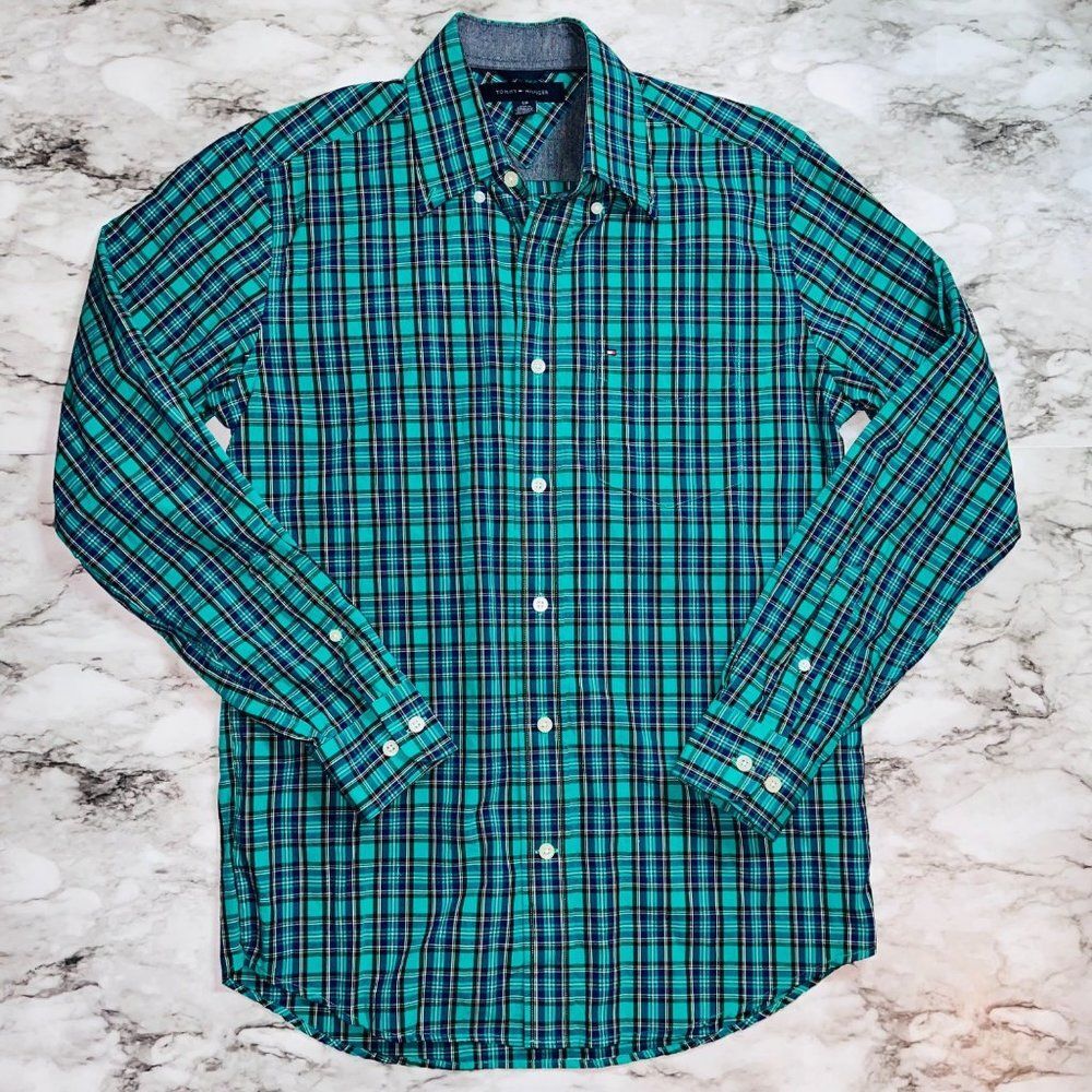 Tommy Hilfiger Men Size Sm Plaid Button Down Shirt Teal Navy Blue Long Sleeve